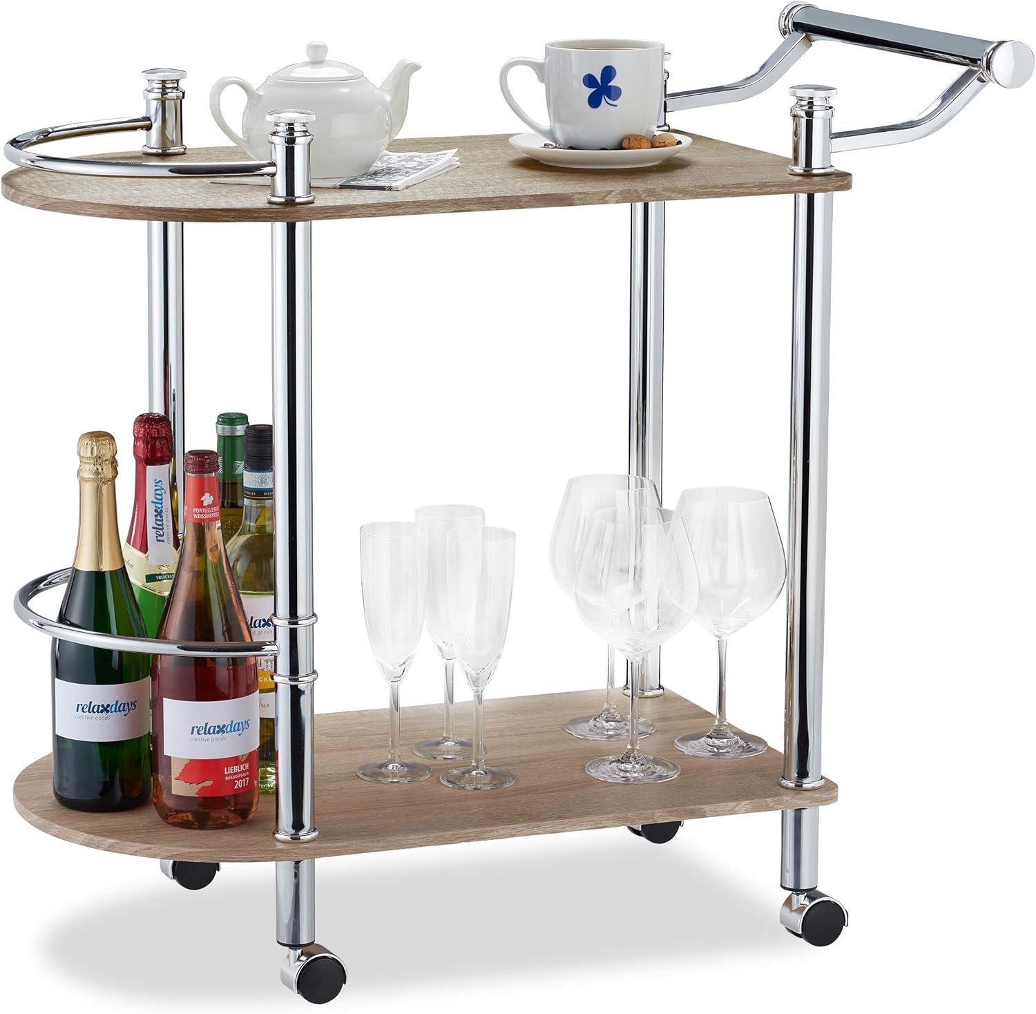Relaxdays 2-Tier Serving Cart, Wood Look, MDF and Steel, 4 Casters, With Handle, Bar Cart, HxWxD 76 x 39 x 82 cm, Brown