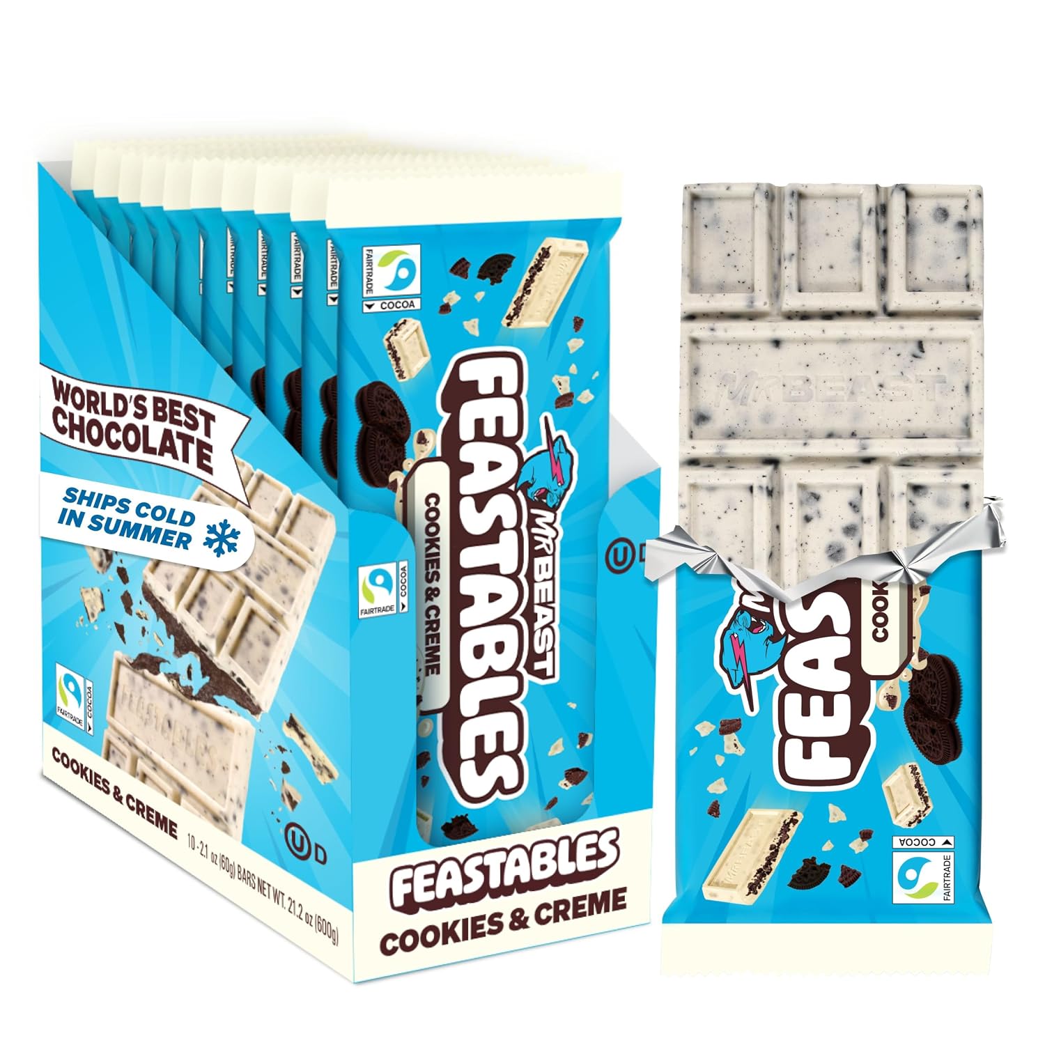 MrBeast Feastables Cookies & Creme Chocolate Bar, King Size, 10 Count