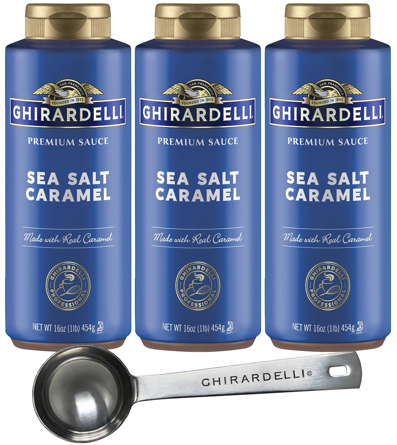 Ghirardelli Sea Salt Caramel Flavored Sauce - 16 oz Squeeze Bottle (Pack of 3) with Ghirardelli Stamped Barista Spoon