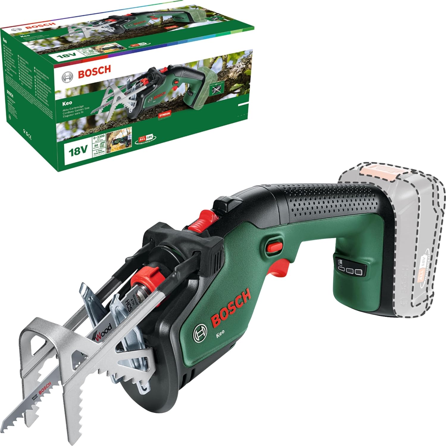Bosch Cordless Garden Keo Saw/Reciprocating Saw (Without Battery, 18 Volt System, Cutting Diameter 80 mm, with Swiss Precision Blade for Wood Included, in Carton Packaging)