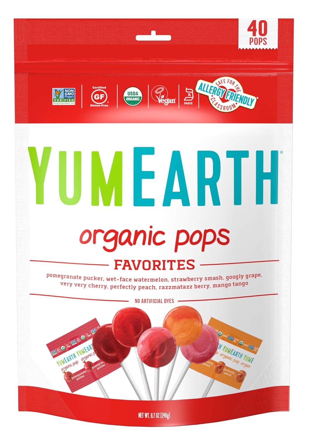 YumEarth Organic Lollipops, Assorted Flavors, 8.5 Ounce, 40 Lollipops - Allergy Friendly, Non GMO, Gluten Free, Vegan (Packaging May Vary)