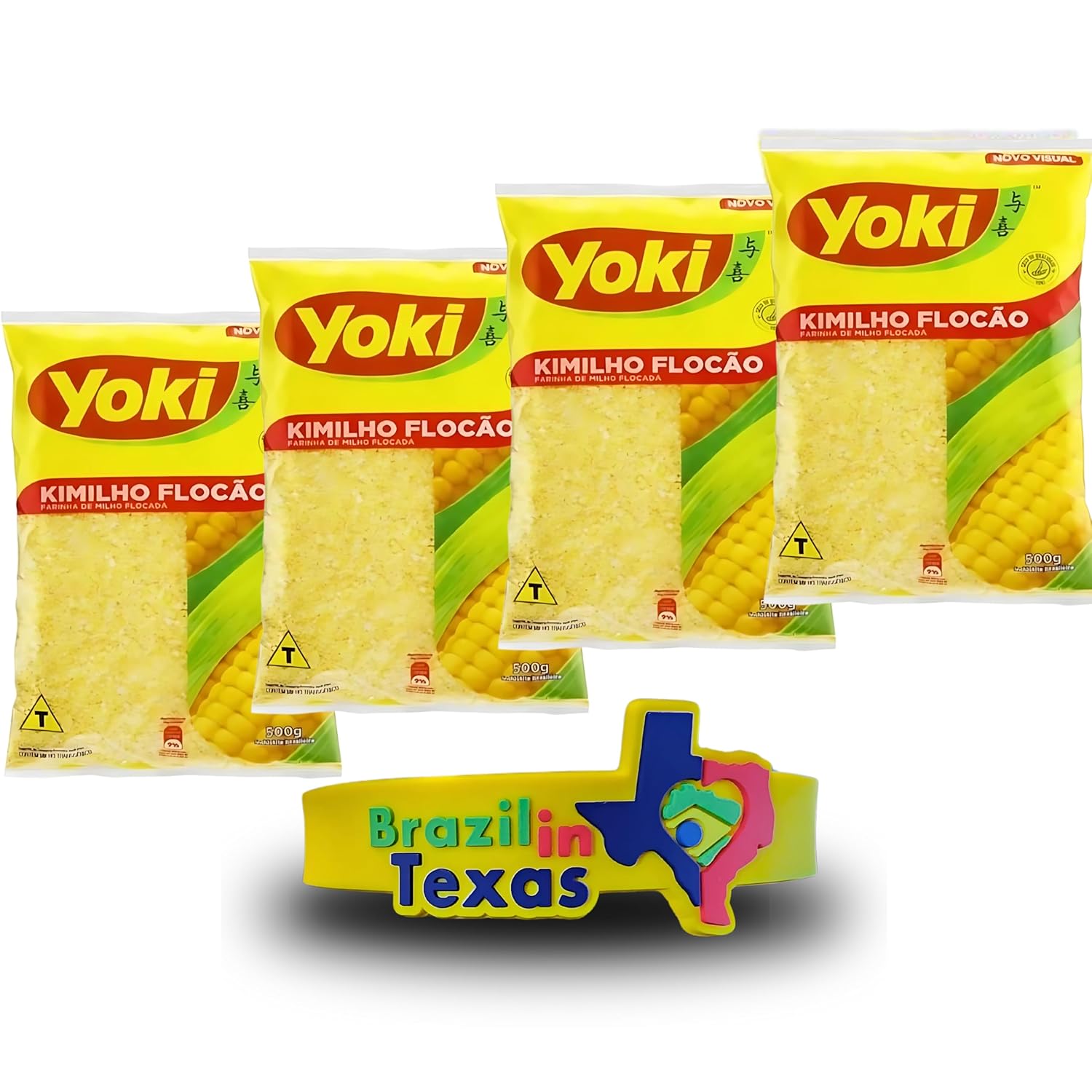 Farinha de Milho Brasileira Kimilho Yoki Flocao 500g | Pack of 4x500g | Brazilian Cornflour + Silicone Bracelets Souvenir Yellow | Brazil in Texas Bundle