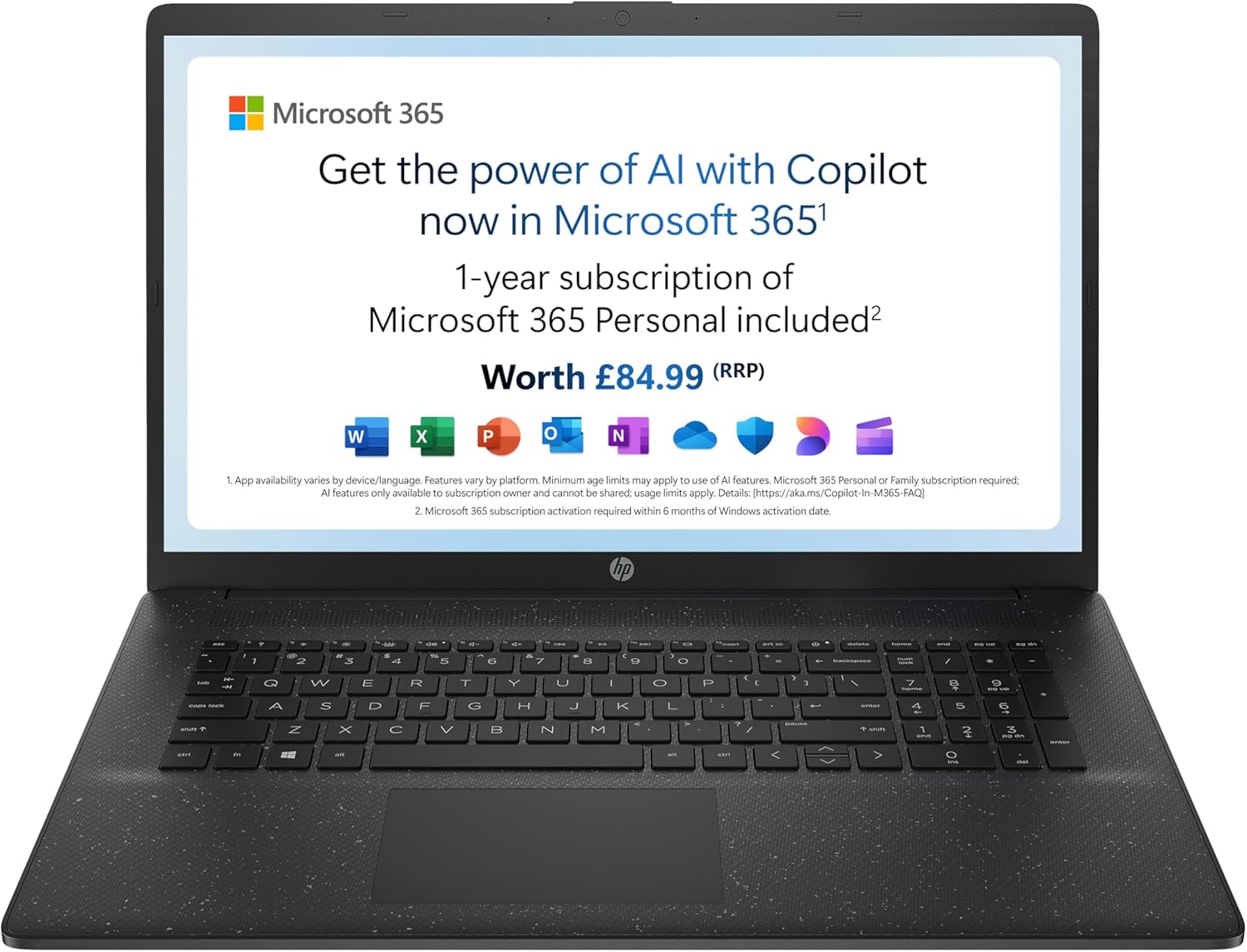 HP 17" Laptop, Intel Pentium Silver Processor, 4 GB RAM, 128 GB SSD, Intel UHD Graphics, FHD Display, Dual Speakers, Microsoft 365 Personal 12 month included, Win 11, Jet Black, 17-cn01014sa