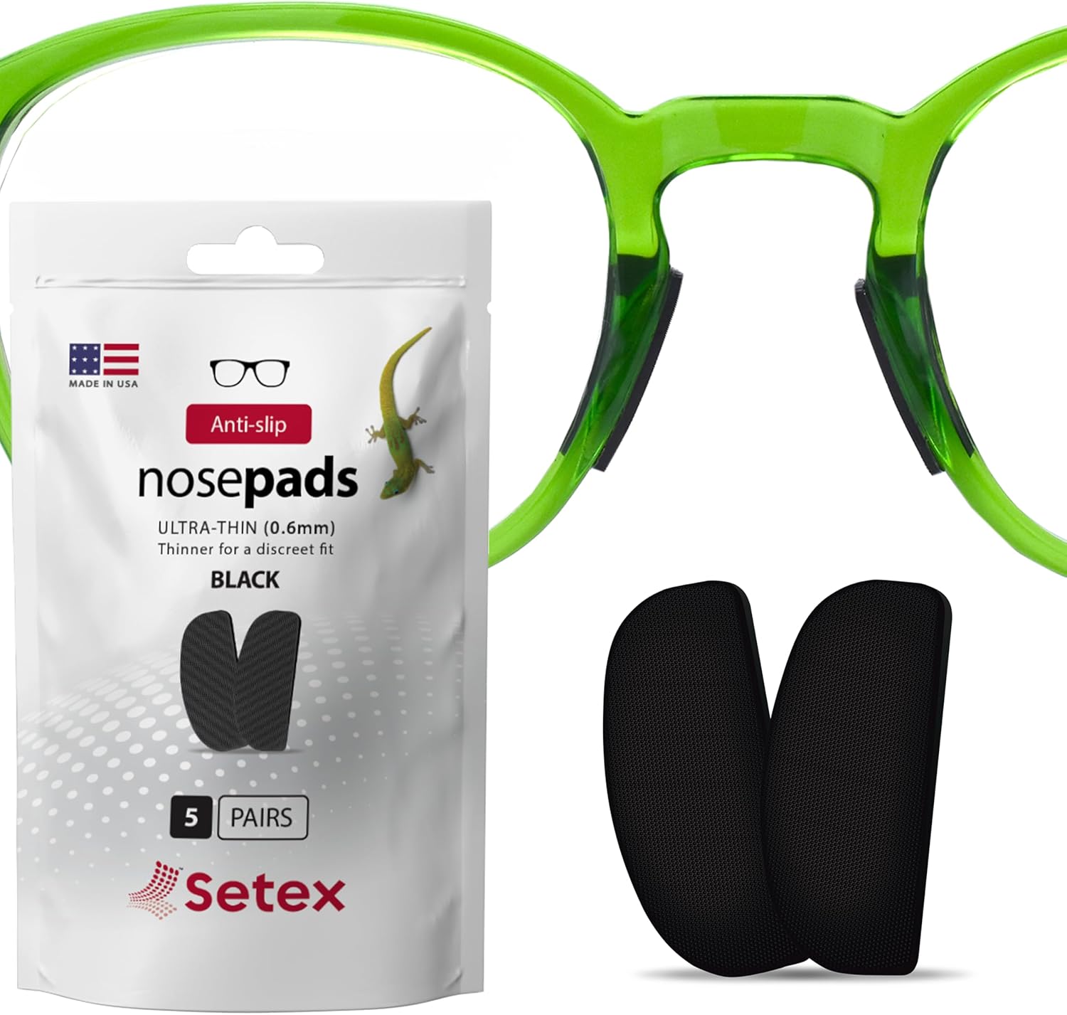 Setex Gecko Grip Ultra-Thin 0.6mm Anti Slip Eyeglass Nose Pads, (5 Black Pair) USA Made, 2500 Innovative Microstructured Fibers per Nose Pad, 0.6mm x 7mm x 16mm