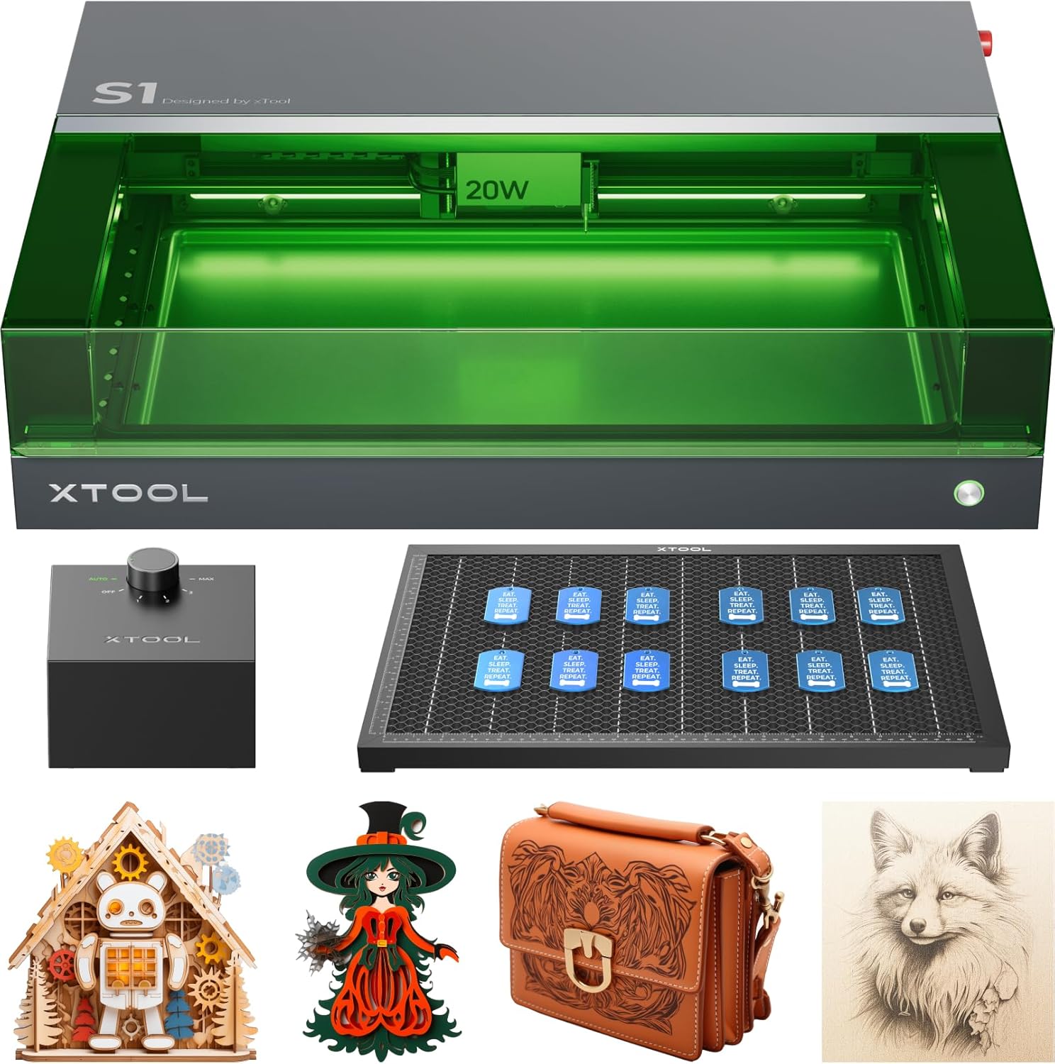 xTool S1 20W Engraving Machine Essential Kit, Auto Focus, Enclosed Engraver and Cutter, Lightburn Compatible, Cutting and Engraving for Wood and Metal, Class I Safety