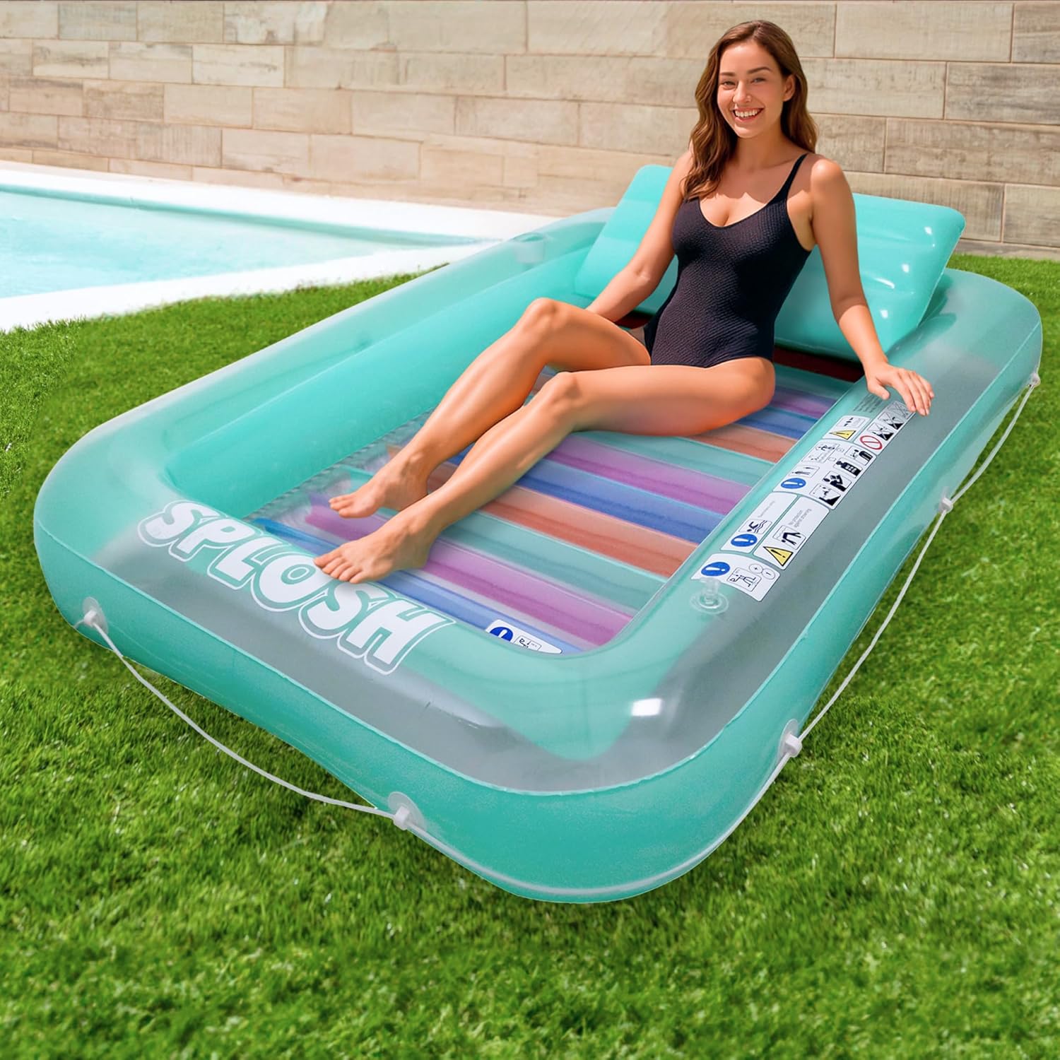 Splosh Inflatable Pool Bed Lounger - Jumbo Lilo With Giant Pillow - Sunbathing Tanning Pool For Adults - Swimming Pool Lounge Float