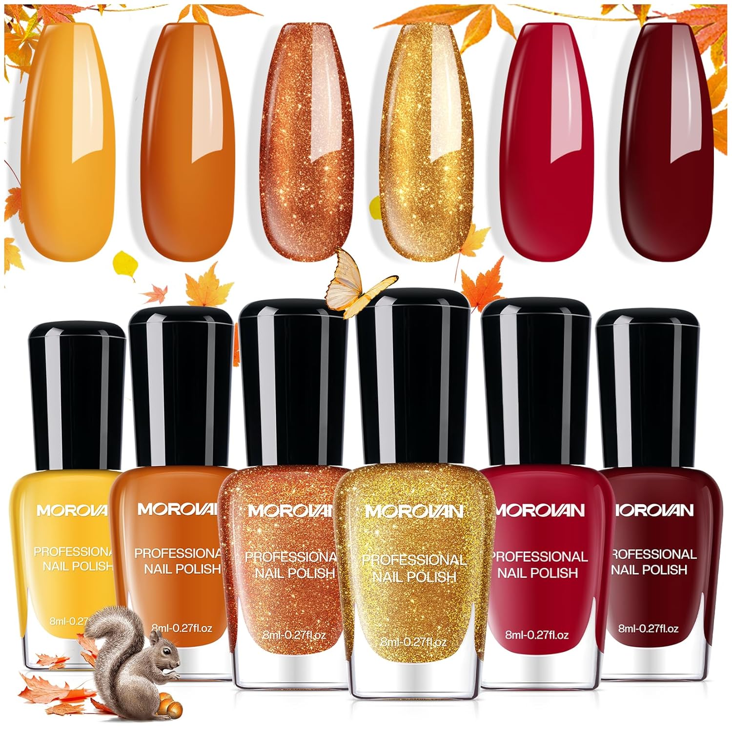 Morovan Fall Nail Polish Set: 6 Gold Maple Leaf Nail Polish Kit 2025 Glitter Autumn Fingernail Pumpkin Yellow Burnt Orange Art Quick Dry Nail Regular Mini Bulk Manicurist Women Girls Gift