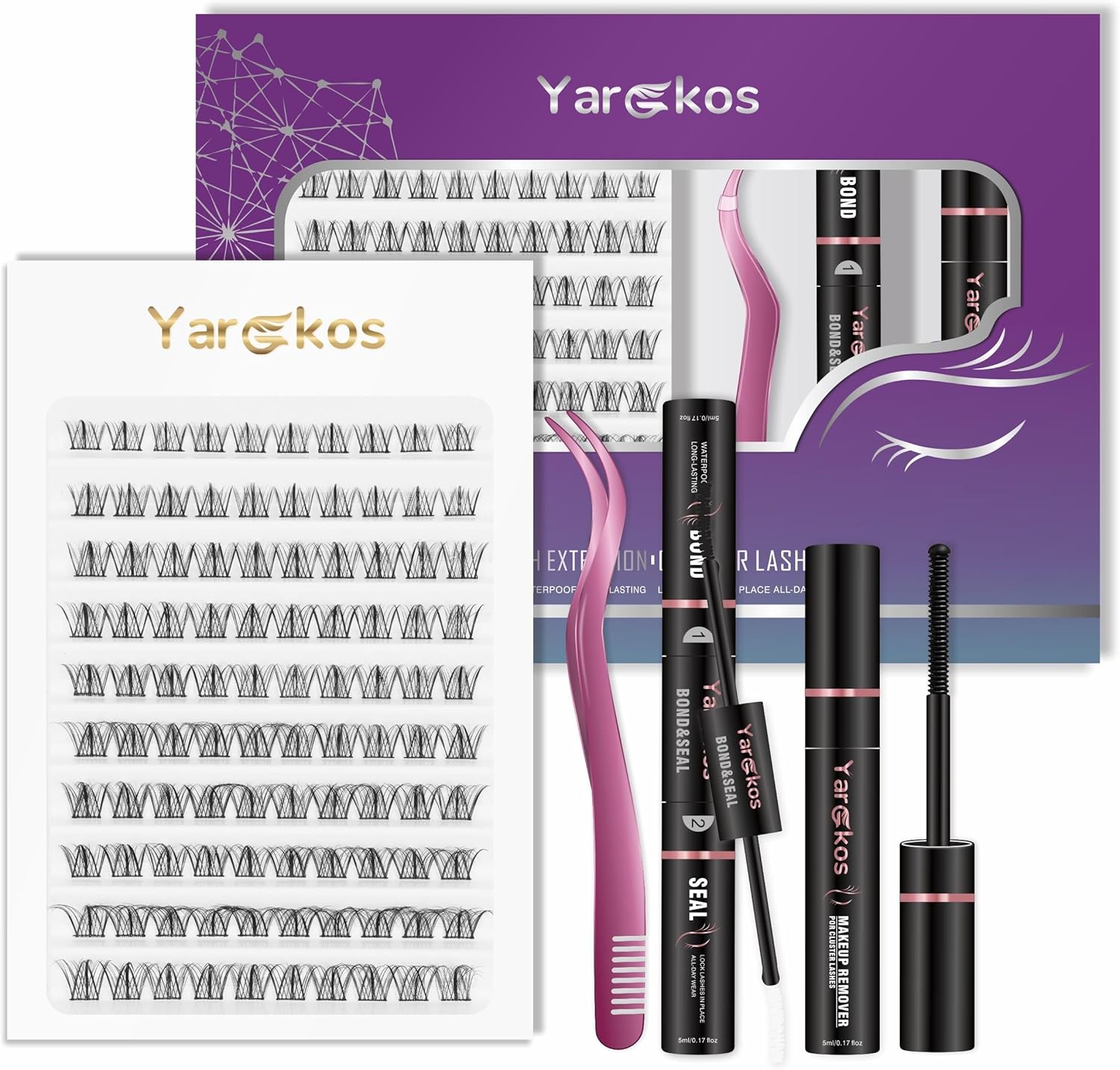 4-in-1 Lash Extension Kit, 100Pcs 10-16MM Mixed Length C Curl Clusters False Lashes, Bond and Seal Glue, Makeup Remover, Tweezer, Individual Eyelash Extensions Set, Natural Look DIY at Home, Purple-B3