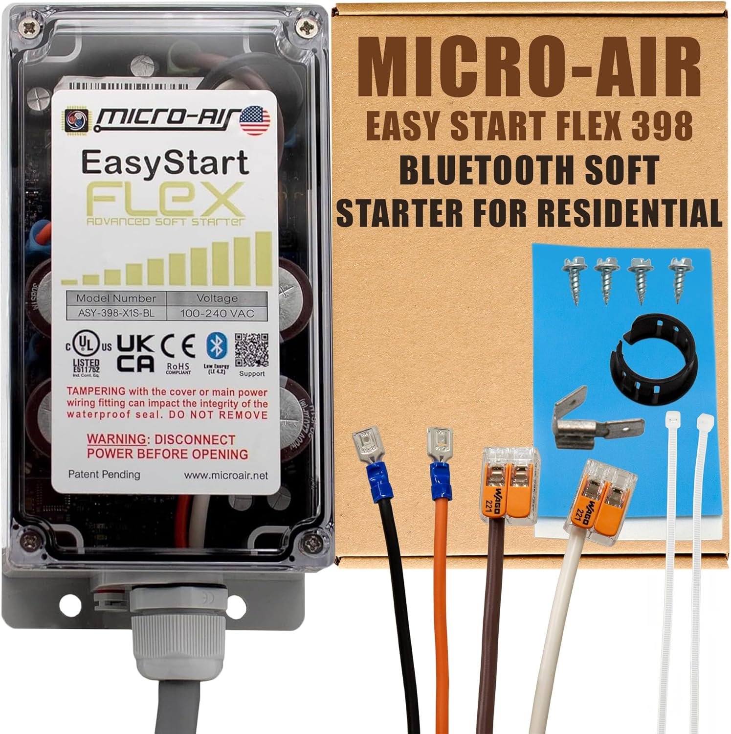 MICRO-AIR EasyStart FLEX 398 - Bluetooth Soft Start Kit for Home Air Conditioner, RV & Commercial Use, Works with Generators, Reduces Power Surge, Efficient Start-Up - Up to 6 Tons w/Installation Kit
