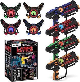 ArmoGear Laser Tag Guns Set of 4 Rechargeable - Arcade Games for Home, Indoor/Outdoor Laser Tag - Toy Guns for Kids and Adults - Includes Vests, Up to 16 ft Range - Fun Family Game for Ages 8+