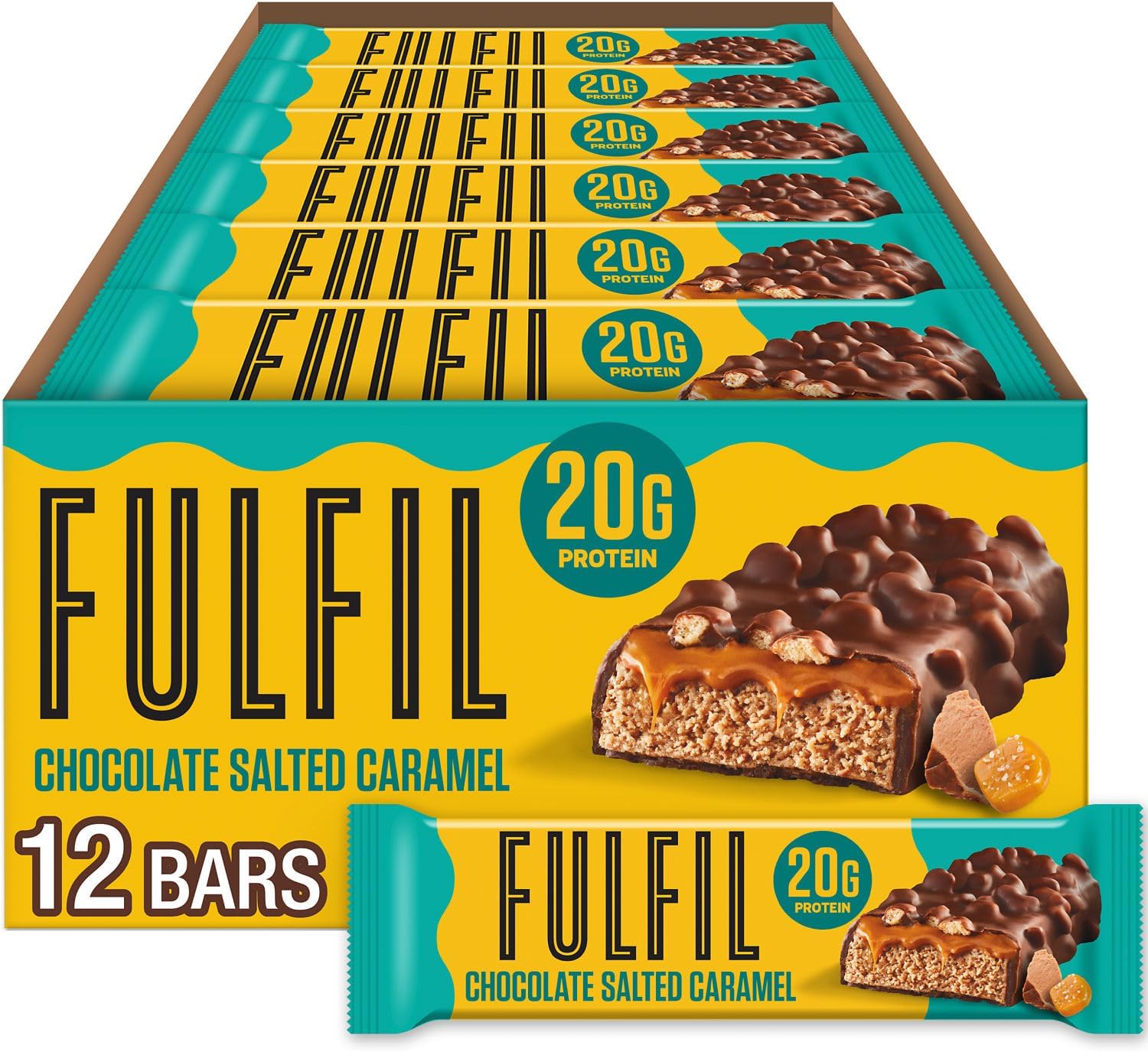 FULFIL Protein Bars, Chocolate Salted Caramel Flavored, Gluten Free with 20g Protein, Pantry Staples, 12 Count