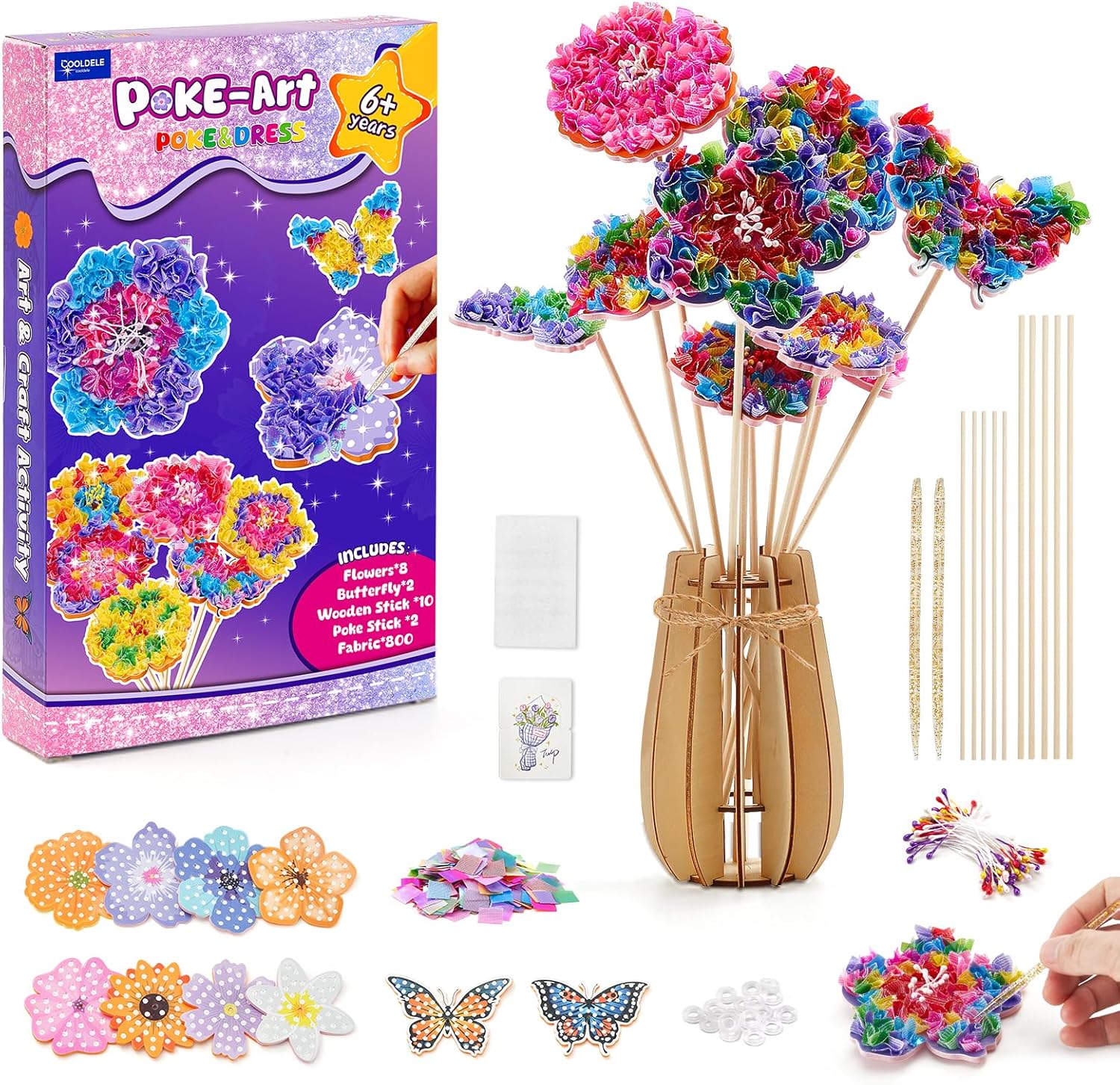 Cooldele Arts and Crafts Kit – Poke Art Flower Bouquet with Butterfly Assortment for Ages 6-14 No-Sew DIY Craft Kit, 3D Wooden Puzzle Vase, Creative Gift for Girls and Boys