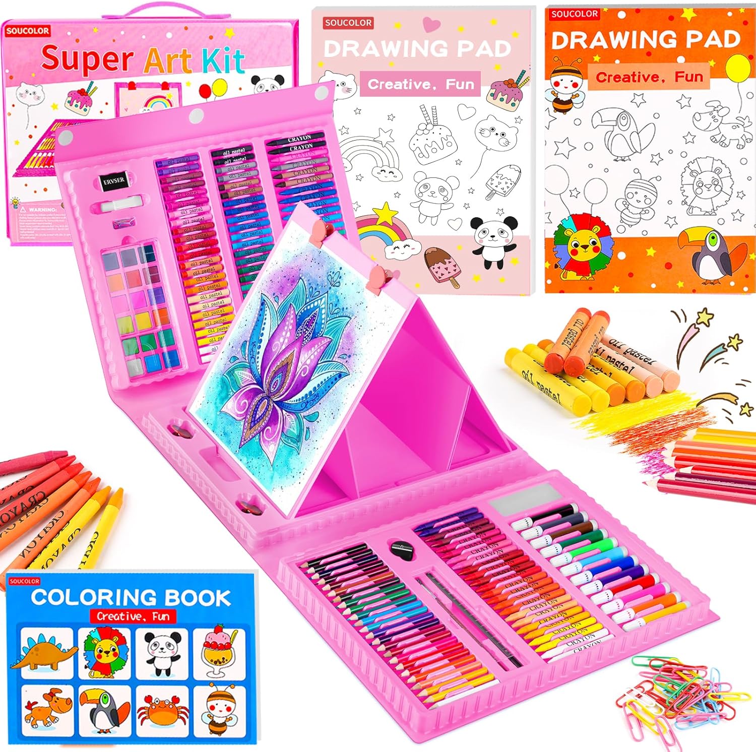 Soucolor Christmas Gifts for Kids Teens Girls Boys Ages 4, 6, 8, 10, 12, 283 Pieces Drawing Set Art Kits with Trifold Easel, 2 Drawing Pads, 1 Kids Activity Coloring Book, Crayons, Pastels, Watercolor