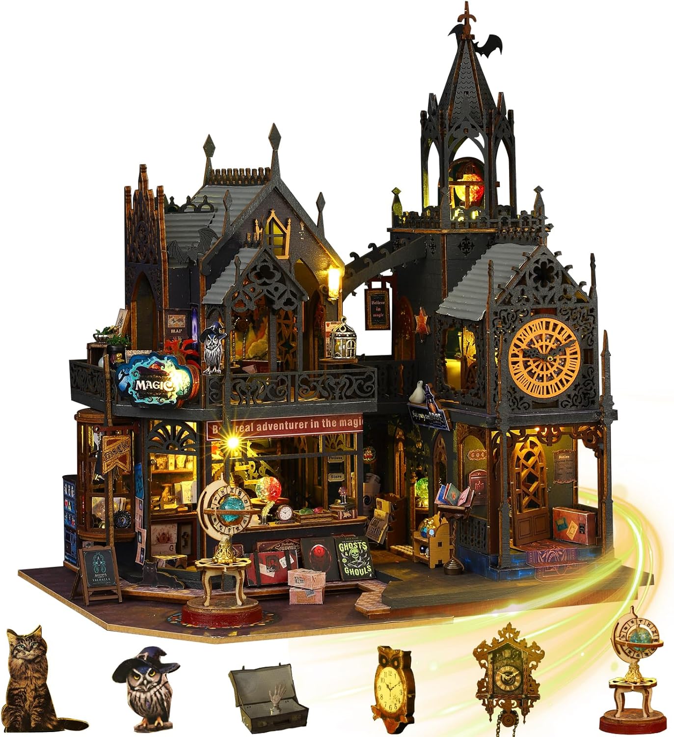 Mostop DIY Miniature Dollhouse Kit, Wooden Dollhouse Kit Miniature House Kit with LED Light,Creative Room Idea for Kids/Adults Magic House DIY Kits (Holo Magic City 2)