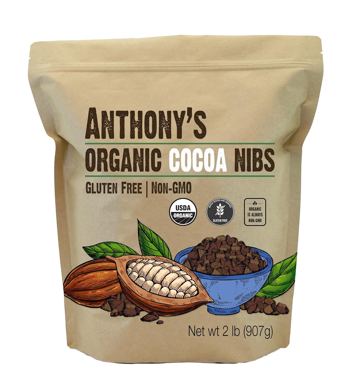 Anthony's Organic Cacao Cocoa Nibs, 2 lb, Batch Tested and Verified Gluten Free