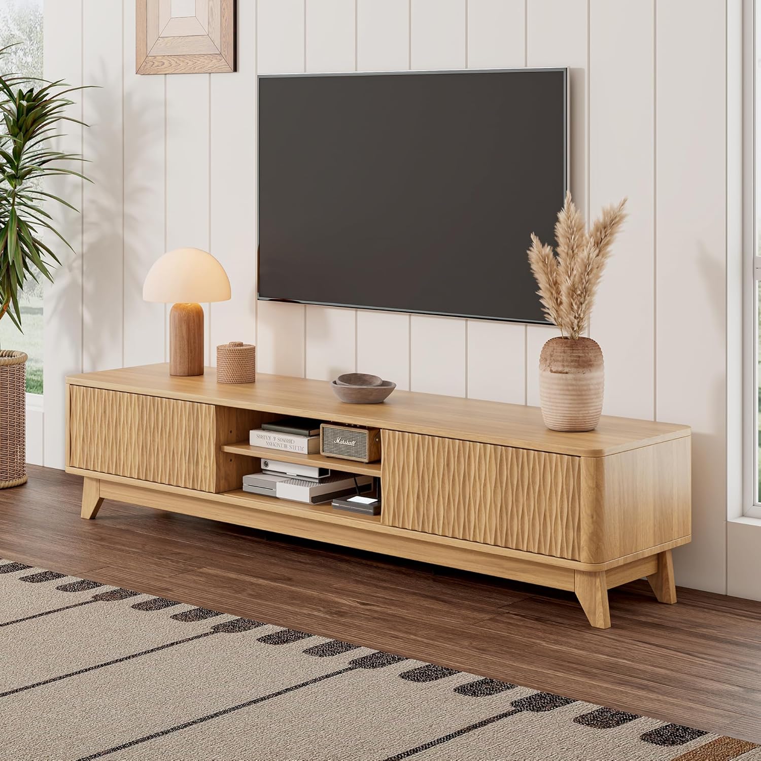 59" TV Stand for Living Room, Mid Century Modern Entertainment Center for 55/60/65 Inch TV, Media Console with Fluted Sliding Doors and Sturdy Box Frame Leg, Natural Oak Finish