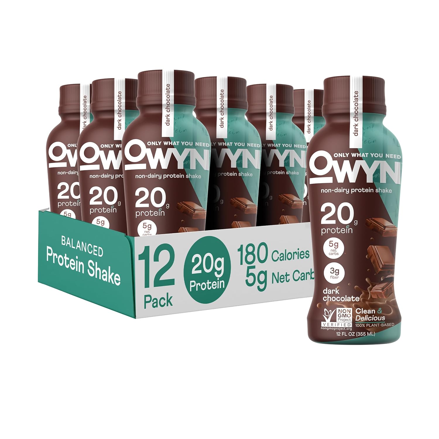OWYN Plant Based Protein Shake from Organic Pumpkin seed, Flax, Pea Blend, Prebiotic supplement, Superfood Greens, all-in-one nutrition, 20g Vegan Gluten & Soy-Free (Dark Chocolate, 12 Pack)