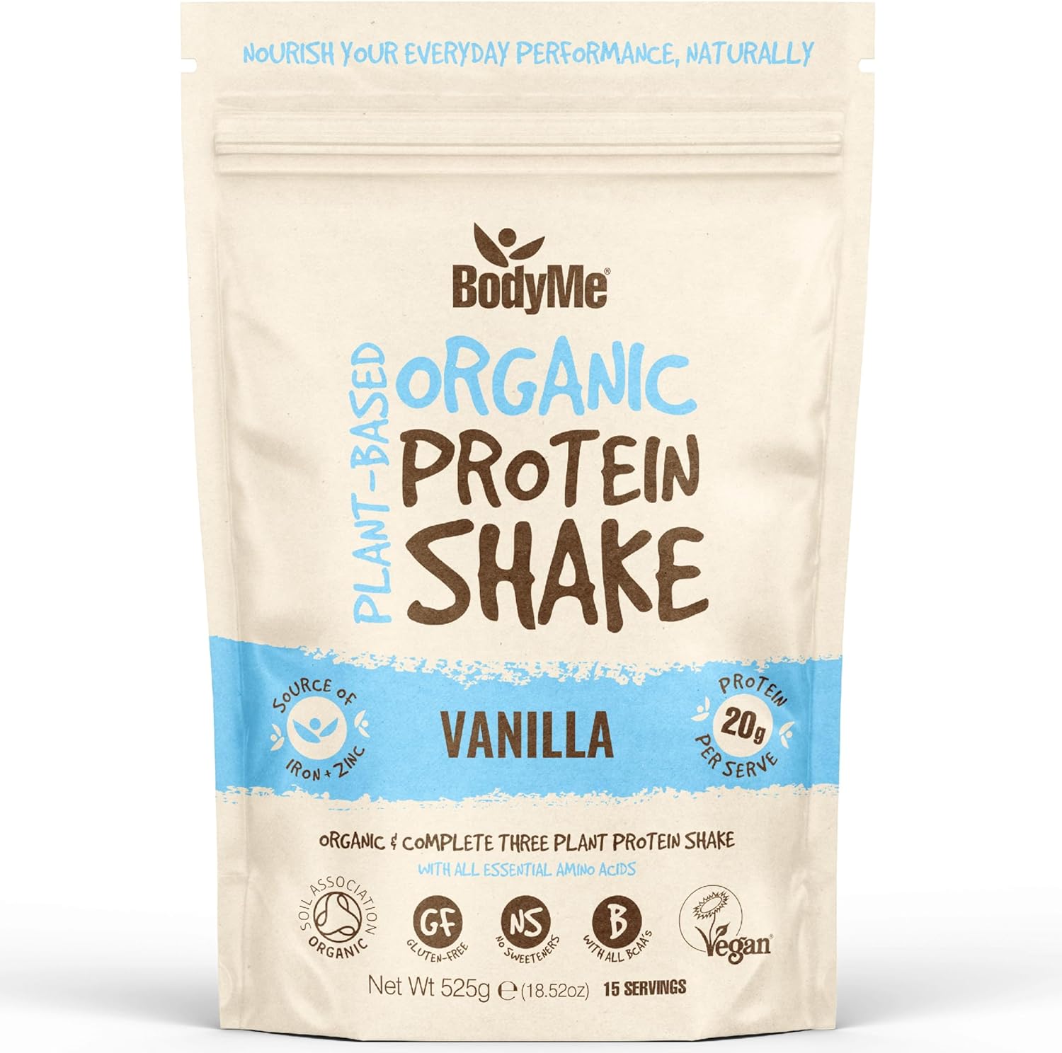 BodyMe Organic Vegan Protein Powder (525g) Vanilla - 20g Complete Protein - Plant Based Nutrition Shake - Gluten Free, Soy Free, Dairy & Lactose Free, Sweetener Free, High Fibre