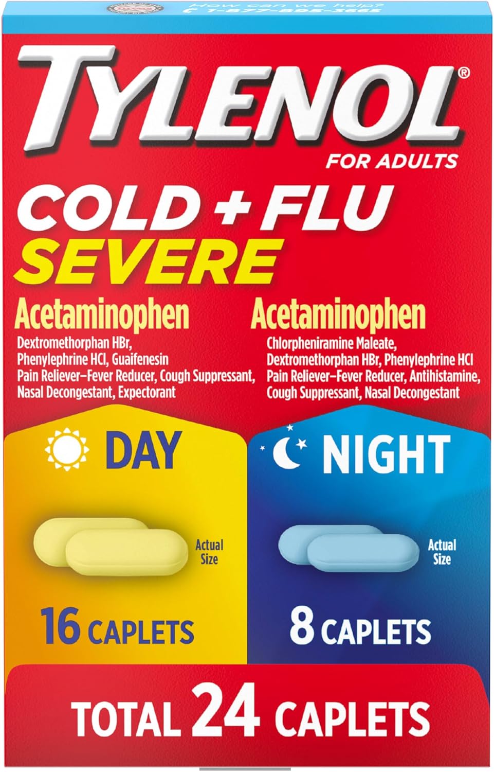 Tylenol Cold + Flu Severe Day & Night Caplets Combo Pack for Multi-Symptom Cold & Flu Symptom Relief, Cough, Sore Throat, and Headache Relief, Acetaminophen Pain Reliever, 24 ct