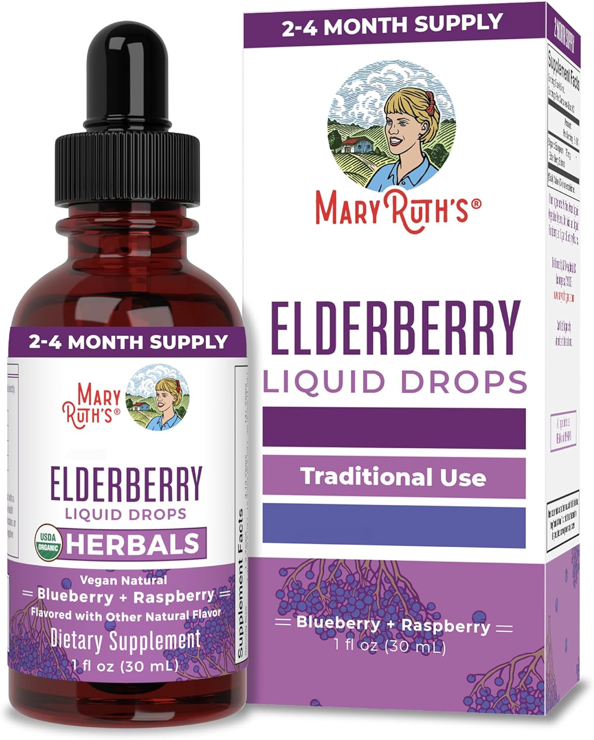 MaryRuth Organics, Elderberry Drops, Blueberry & Raspberry Flavor, Org, Dietary Supplement, 30ml, Vegan, Gluten-Free, Soy-Free
