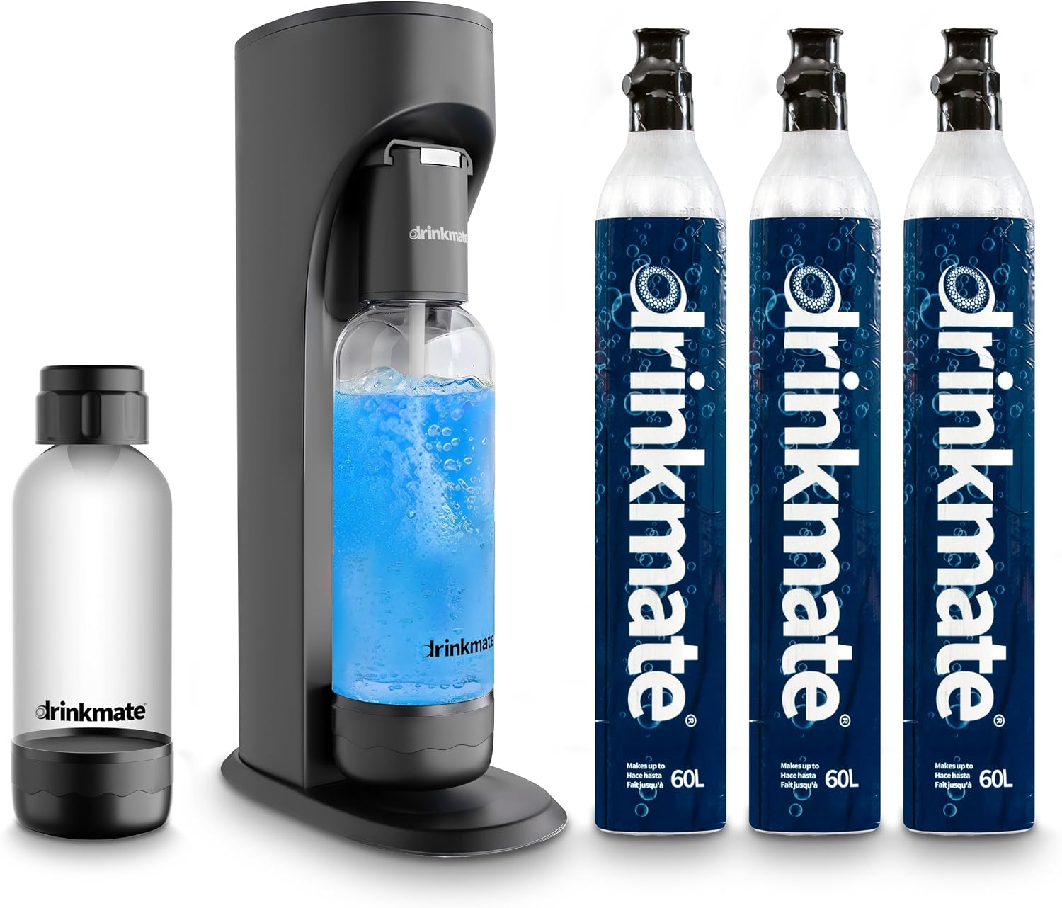 Drinkmate OmniFizz Sparkling Water Maker & Soda Streaming Machine | Carbonates Any Drink | ULTIMATE BUNDLE | Includes Three 60L CO2 Cartridges + Two BPA-Free Bottles (Matte Black)