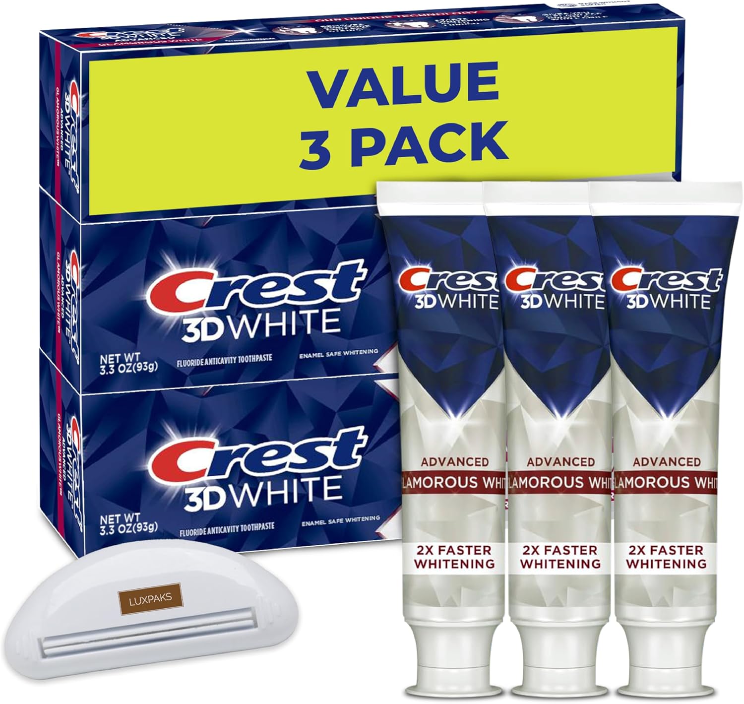 CRST 3D White Advanced Glamorous White Teeth Whitening Toothpaste, 3.3 oz, Pack of 3 Bundled with LUXPAKS Squeezer