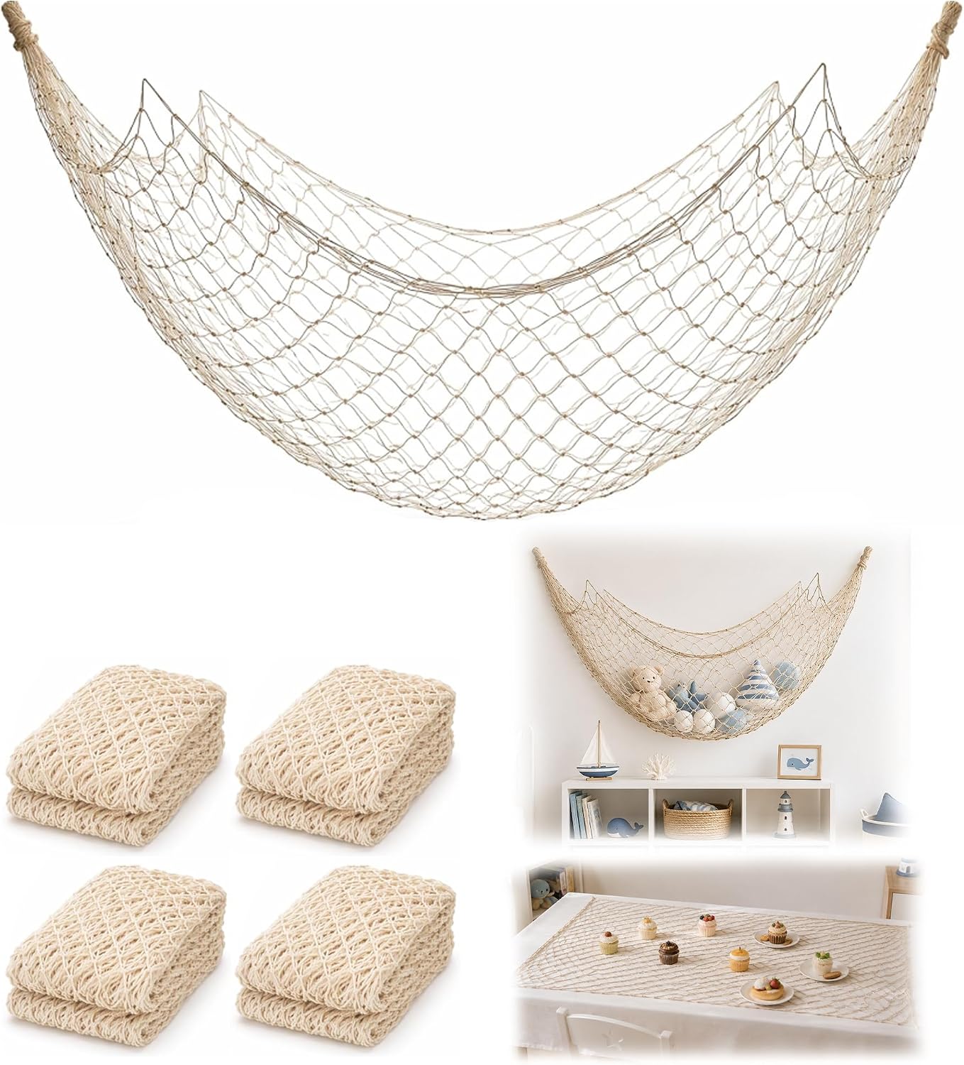 4 Pack Fish Net Decorations, Natural Cotton Fishing Net Decor for Parties | Cotton Decorative Netting Table Runner, 80 x 40 in, for Wall Decor, Table Displays, Photo Backdrops, Parties and DIY Crafts