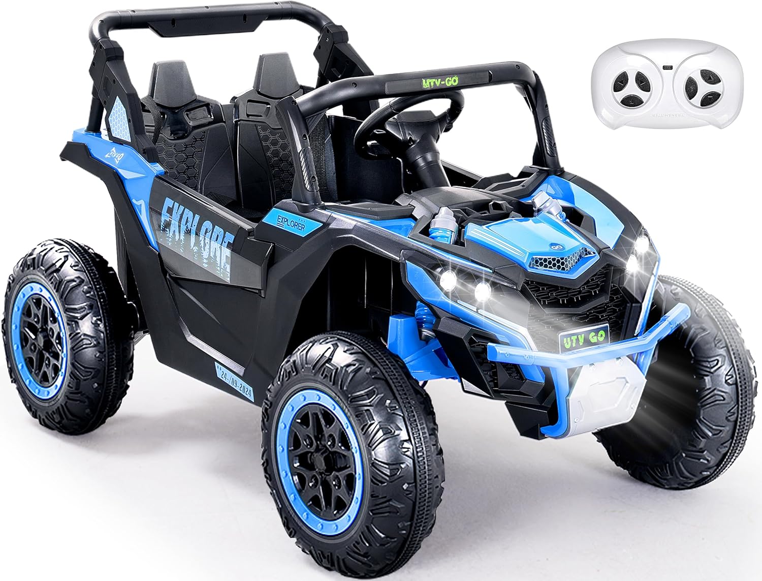 Evmore 24V 2-Seater Ride-On Car for Big Kids, 4WD Off-Road UTV Electric Vehicle with 7Ah Large Battery, Remote Control, Shock Absorbers, Safety Belt, Music, and LED Lights (Blue)