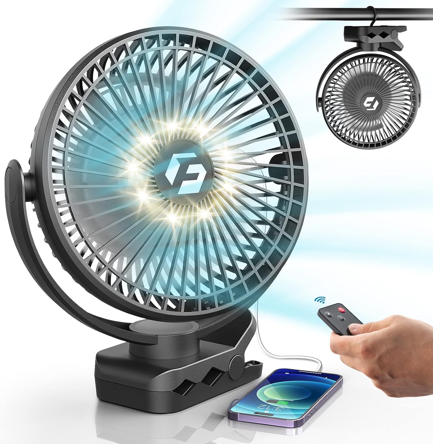 8-inch Clip on Fan - 12000mAh Portable Fan Battery Rechargeable with 3 Speeds and Strong Airflow, USB Fan Small Desk Fan Personal Quiet Fan for Office Stroller Bedroom and Camping.