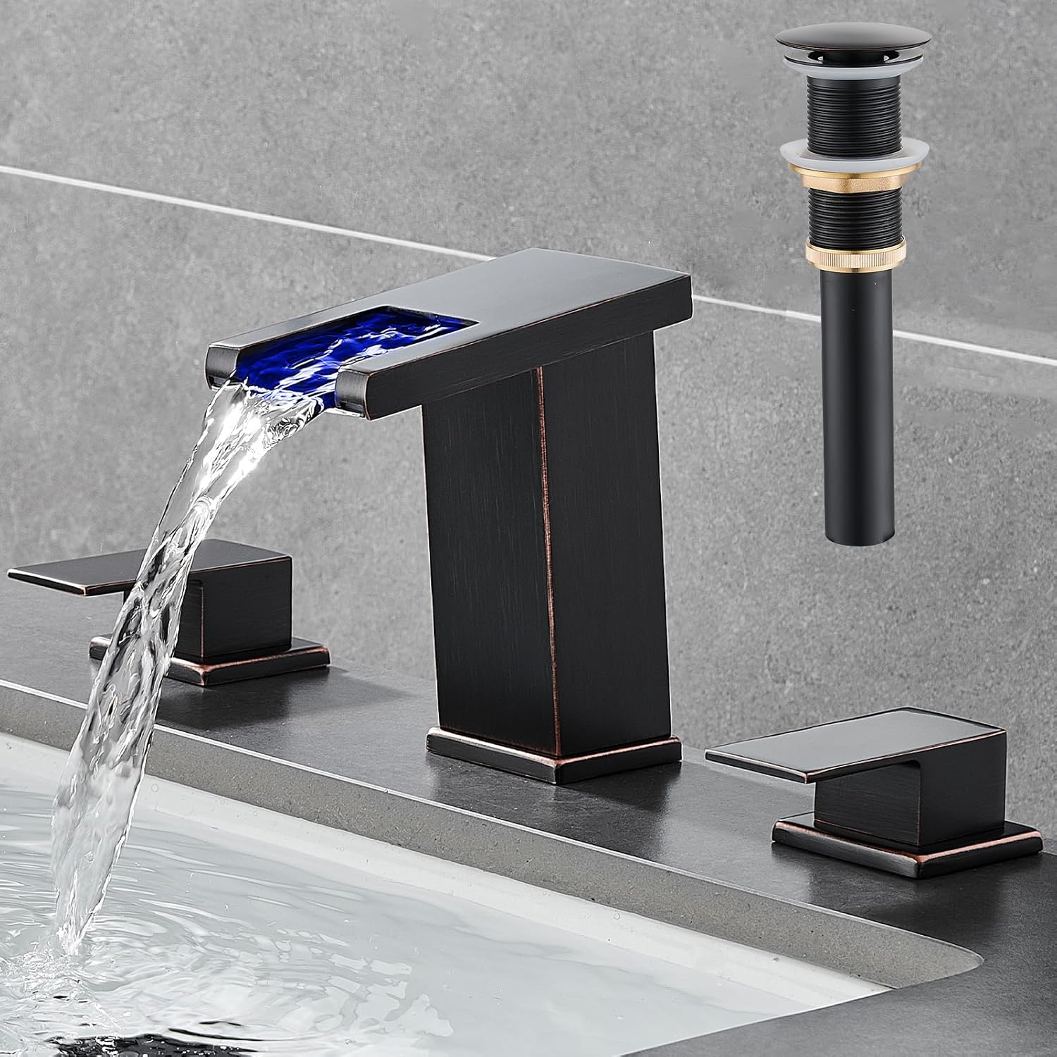 AVSIILE LED Bathroom Faucet with 3 Holes Oil Rubbed Bronze Waterfall Bathroom Faucets 8 Inch Modern Bathroom Sink Faucet and Parts Wide Spread Three Holes 2