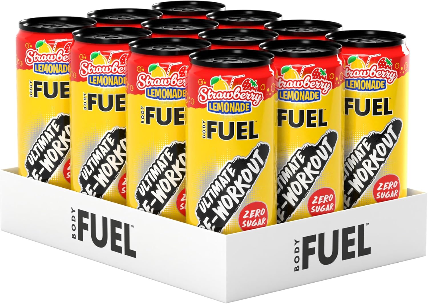 Applied Nutrition BodyFuel Pre Workout Energy Drink | Sugar Free, 200mg Caffeine, 1000mg Beta Alanine, 2000mg Citrulline, Vitamin B12 & B3 | (Pack of 12 Cans x 330ml) (Strawberry Lemonade)