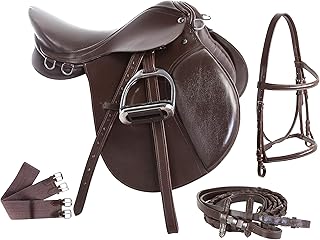 15 16 17 18 New English Horse Saddle Starter Set Bridle REINS Girth Cinch Leather Leathers Irons Stirrups All Purpose Riding Show Jumping Pleasure Trail Equestrian Equipment