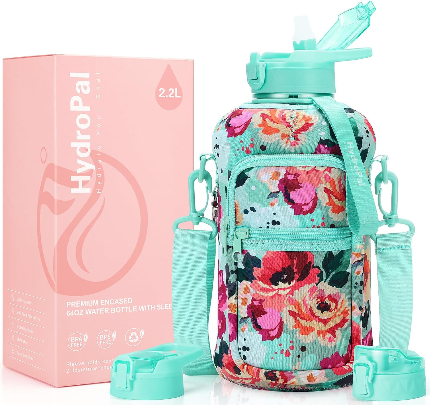 Half Gallon Water Bottle with Storage Sleeve, 74oz Large Water Bottle with 2 Lids(Straw Lid and Chug Lid), Big Sports Water Jug for Gym with Strap, BPA-Free Drink Container with Handle