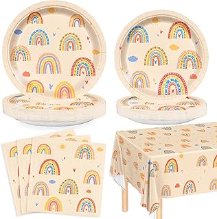Boho Rainbow Birthday Supplies 73Pcs Rainbow Plates Napkins Tablecloth Tableware Set for Baby Shower Birthday Party Decorations Serves 24 Guests
