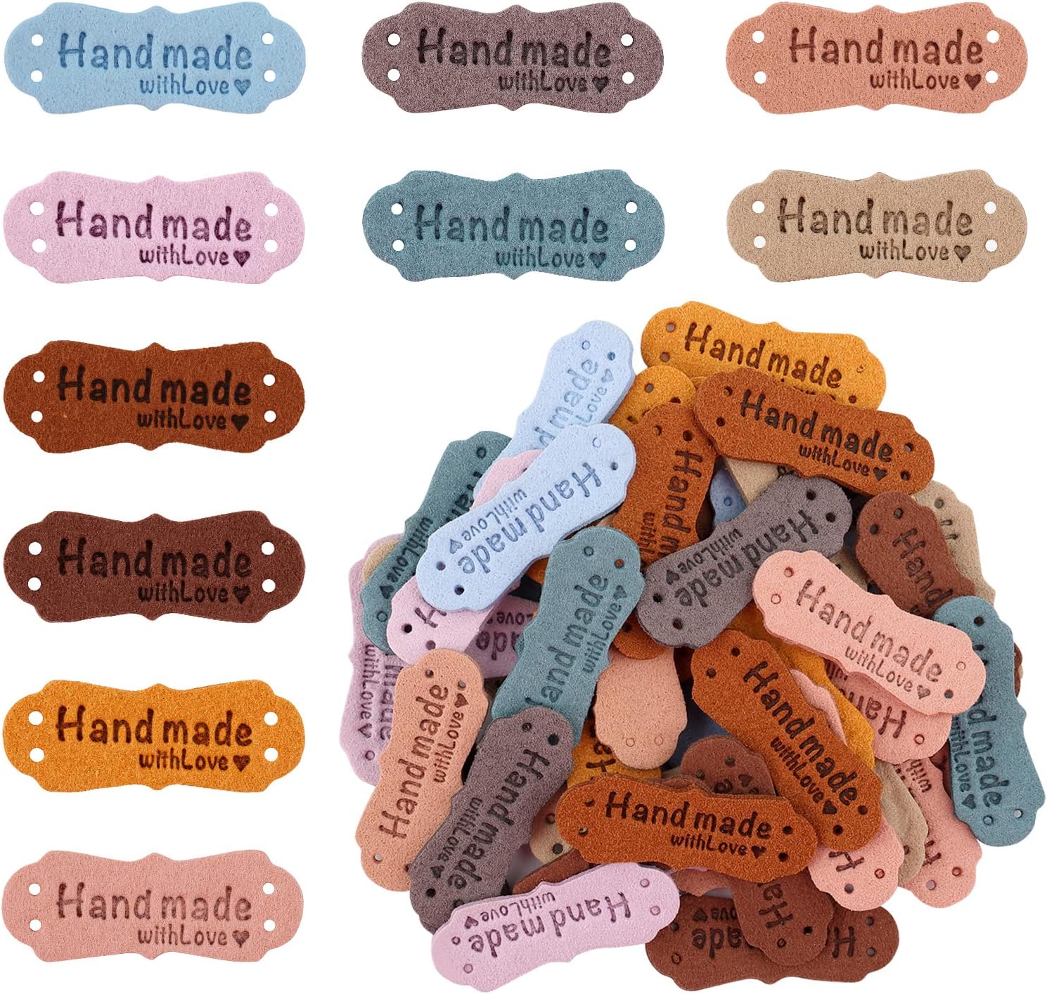 SAVITA 50pcs Handmade Leather Labels, Microfiber Colorful Leather Labels with Love Hearts Handmade Embossed Crochet Tags with Holes for Crafts Knitting Sewing Hats Purses Clothing (10 Colors)