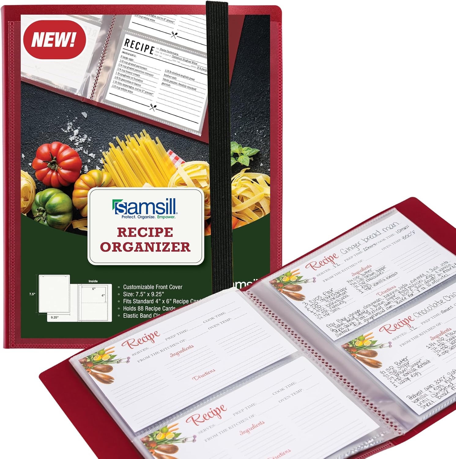 Samsill Plastic Recipe Holder, Recipe Book with Plastic Sleeves, Holds up to 88 Recipe Cards, 4x6 Index Cards, Customizable Cover