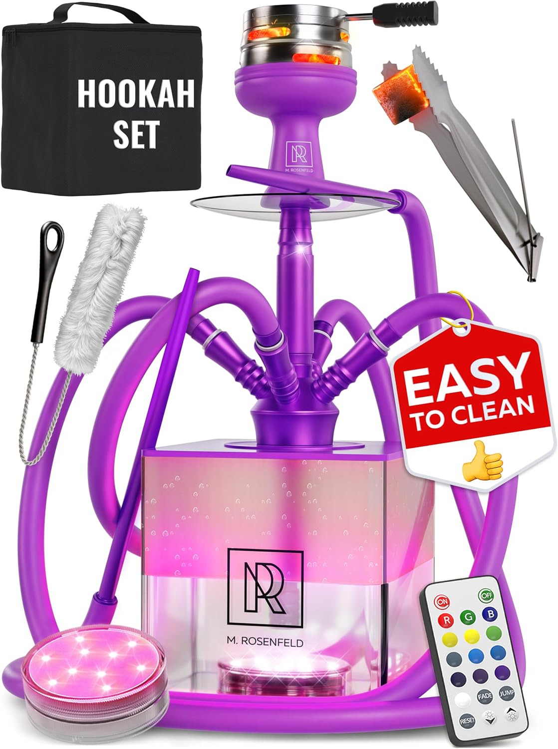 4 Hose Hookah Set with Everything – Purple Hookah 4 Hose Complete Kit with LED Light, Remote, Silicone Hoses, Acrylic Base, and Tongs – Big Hookah Set with Accessories – Premium Sisha Hooka