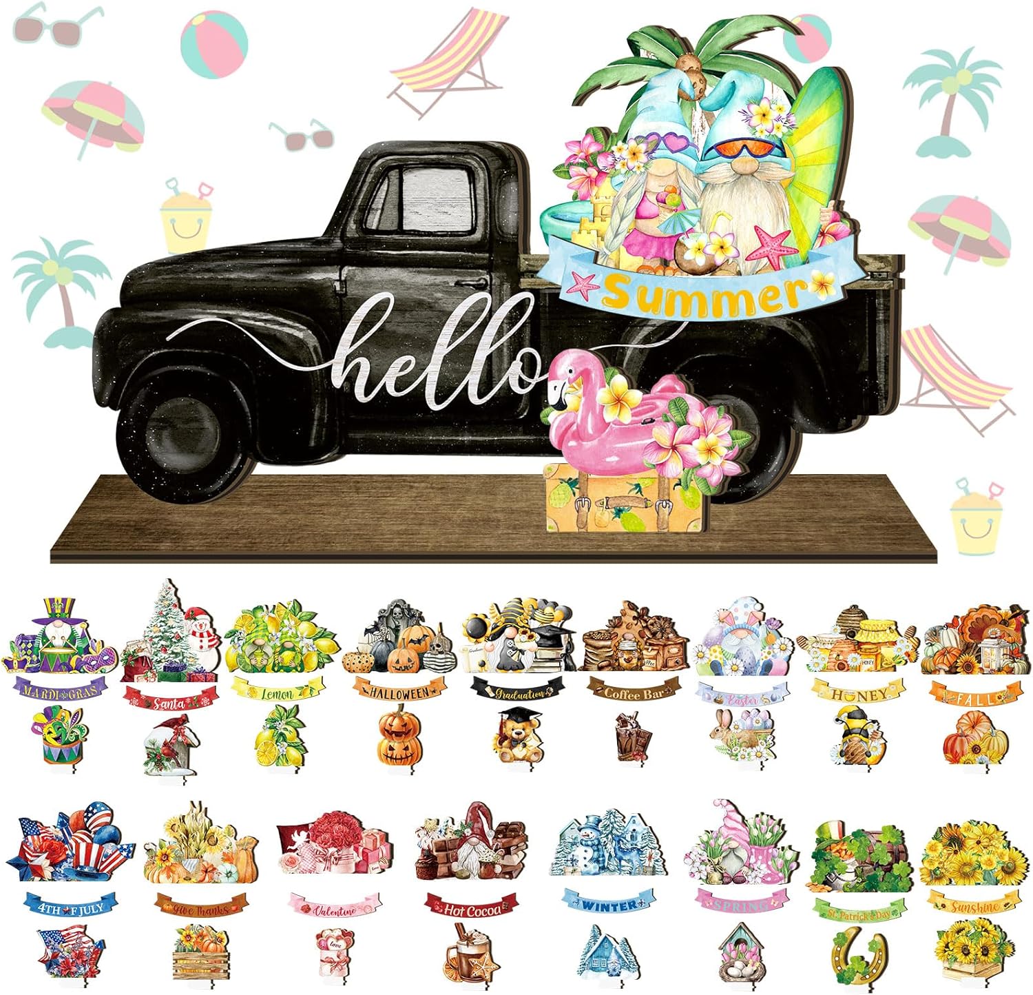 Yalikop 56 Pcs Interchangeable Seasonal Sign Interchangeable Hello Sign for Table Seasonal Decor Decorative Wooden Holiday Farmhouse Black Truck Decor for Home Decoration Kitchen Centerpieces