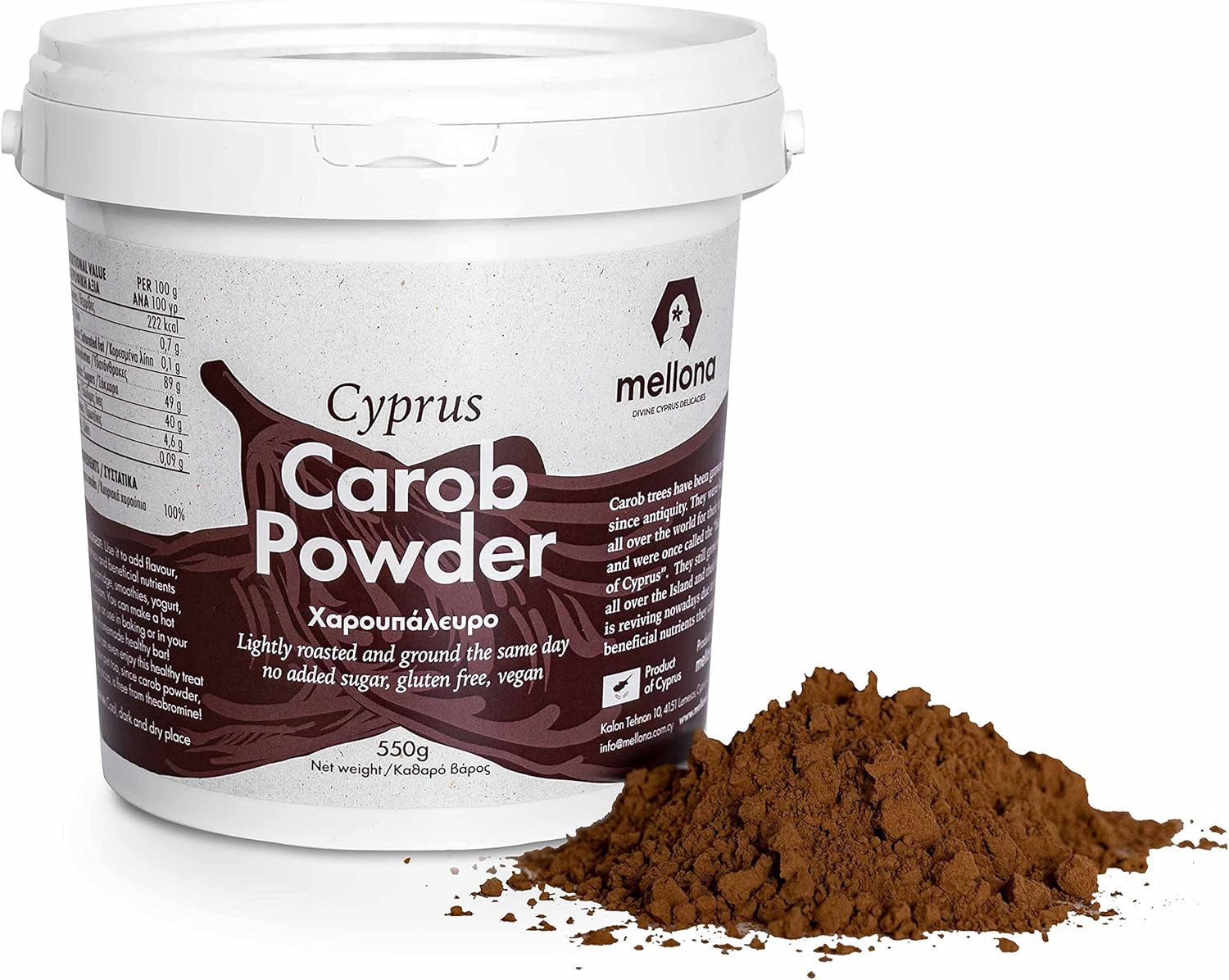 Mellona 100% Wild Carob Powder, Gluten Free, Vegan & No Added Sugar, 550g