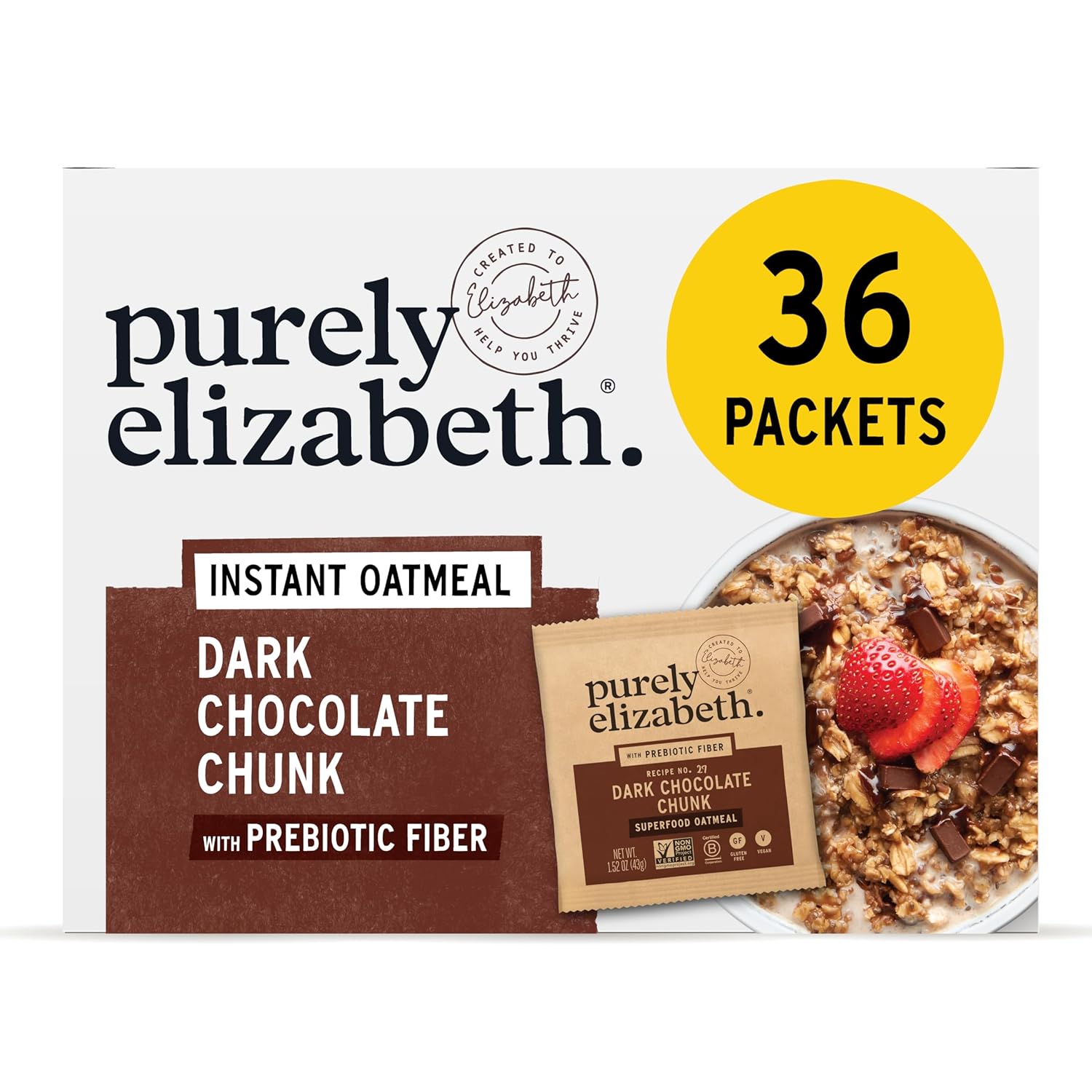 Purely Elizabeth Classic Cinnamon Superfood Oatmeal, with Prebiotic Fiber, Gluten Free & Non-GMO, 9.12 Oz (Pack of 6) (6 Pack, Dark Chocolate Chunk)