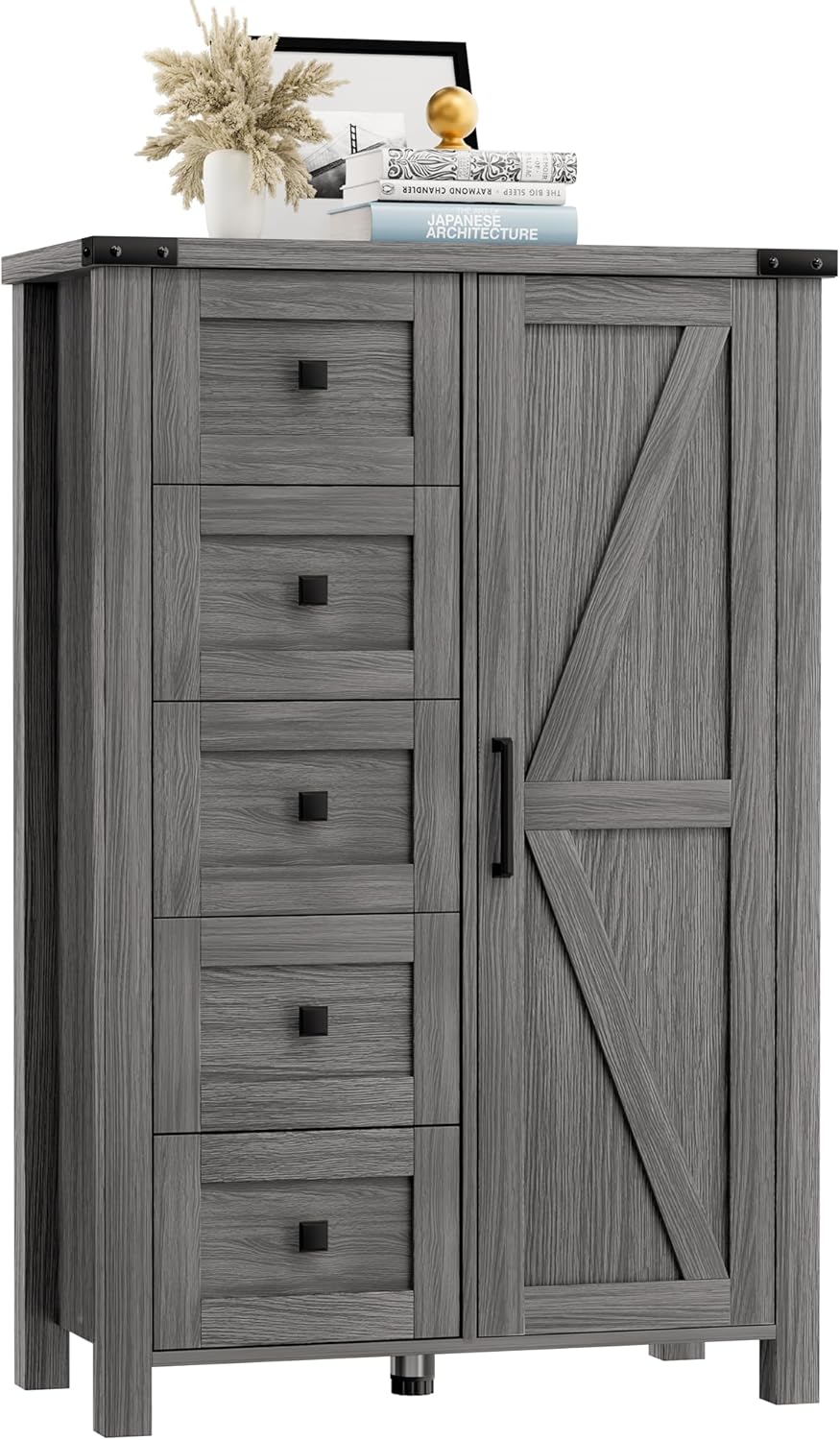 Farmhouse Dresser Storage Cabinet Chest of Drawer for Bedroom, 5 Drawer Dresser with Barn Door, 48 Inch Tall Grey Wood Dresser, Adjustable Shelves, Rustic, for Living Room, Entryway, Hallway
