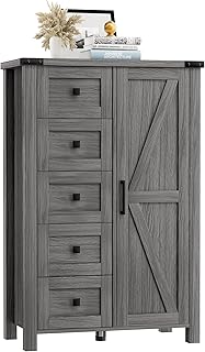 Farmhouse Dresser Storage Cabinet Chest of Drawer for Bedroom, 5 Drawer Dresser with Barn Door, 48 Inch Tall Grey Wood Dresser, Adjustable Shelves, Rustic, for Living Room, Entryway, Hallway