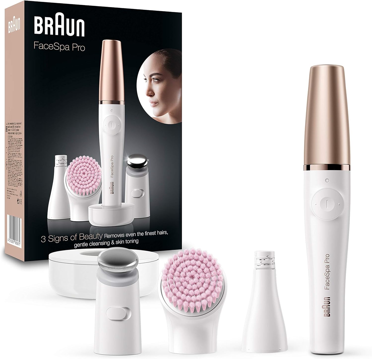 Braun FaceSpa Face Epilator, Hair Removal with Facial Cleansing Brush Head, Toning Head & Charger Stand, Wet & Dry, SE912, White/Bronze
