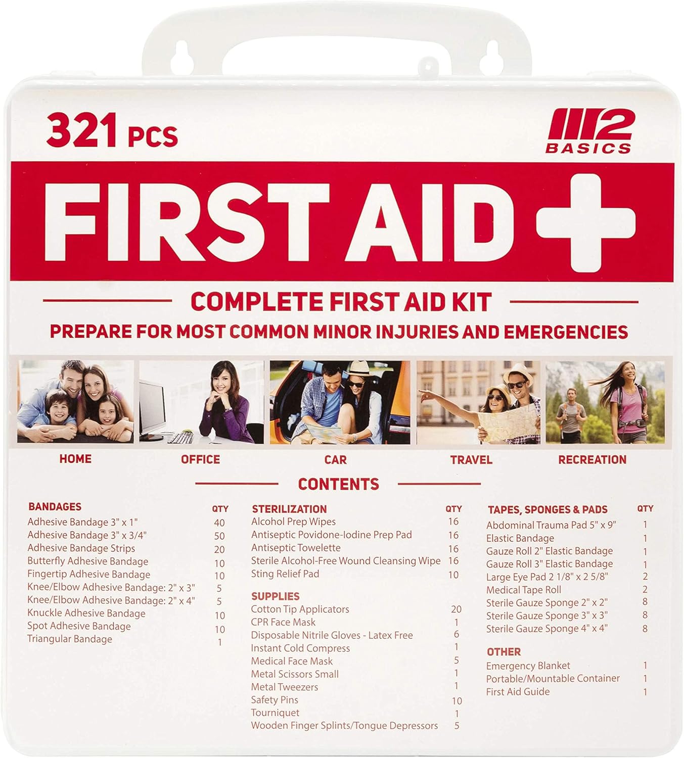 M2 BASICS Complete 321 Piece First Aid Kit | Home, Businesses, Vehicle, Car | Emergency Kit, Emergency Medical Kit