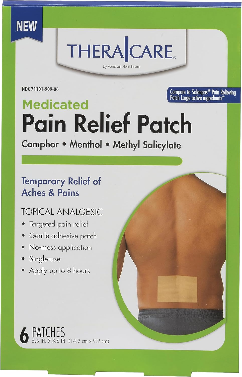 Thera|Care Targeted Pain Relief Medicated Patch | Neck, Shoulder, Back | 6-Count | 5.6 in. x 3.6 in. | Topical Analgesic | Camphor, Menthol, Methyl Salicylate