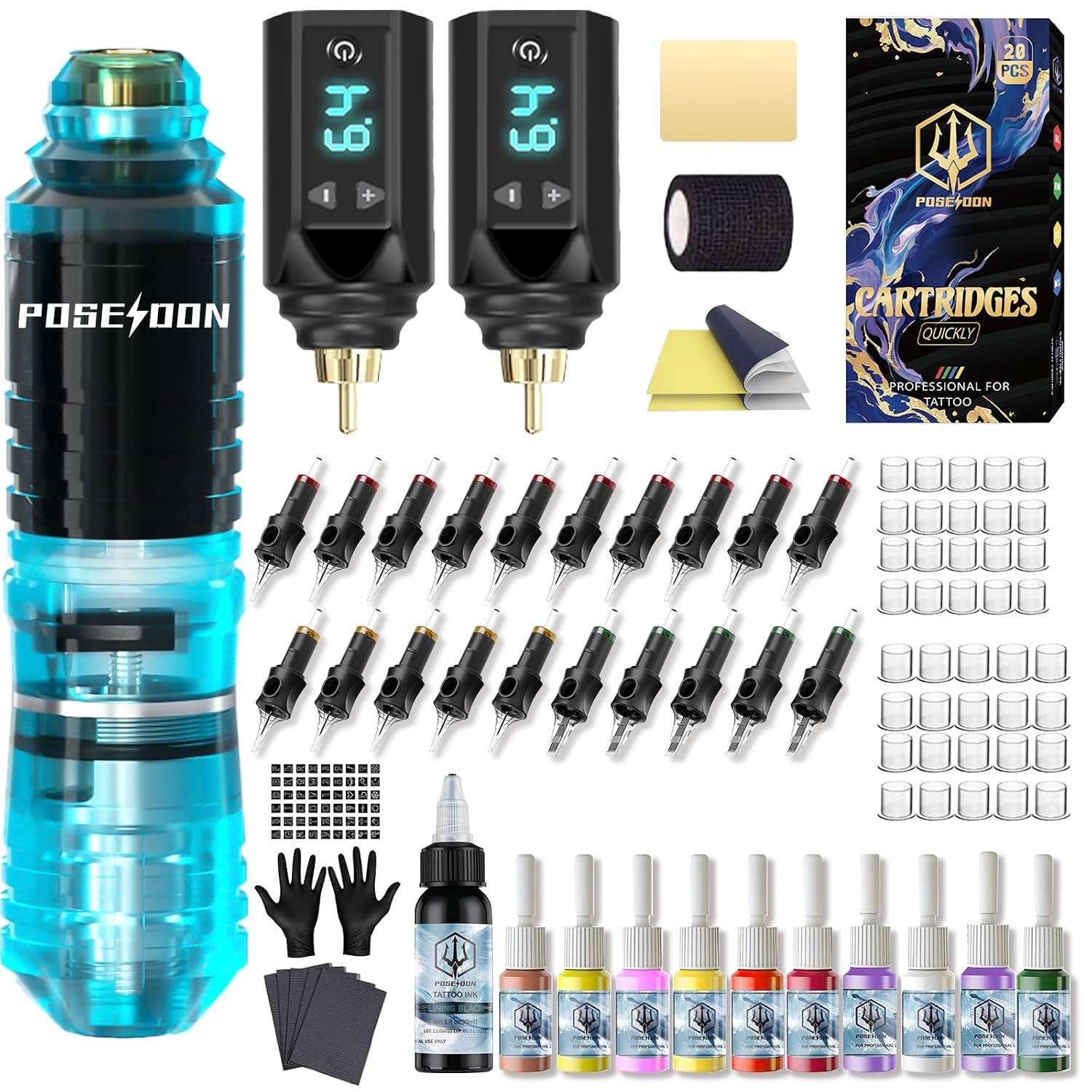 POSEIDON Wireless Tattoo Gun Kit 2PCS Battery Machine Kit for Beginner