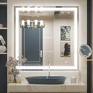 Keonjinn 36 x 36 in LED Mirror, Square Bathroom Mirror with Lights, Adjustable 3 Color Temperature, Front Lighted Vanity Mirror, Anti-Fog Dimmable LED Smart Mirror UL Listed LED Driver Tempered Glass