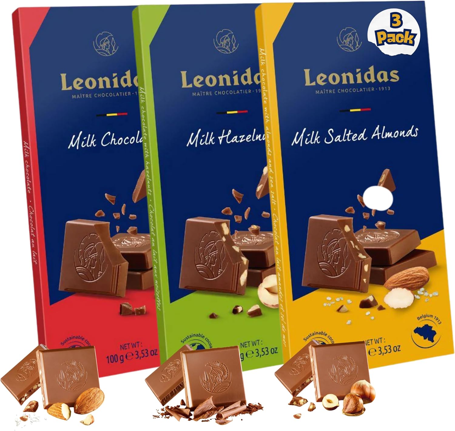 Leonidas 3 Milk Chocolate Tablet Set – Premium Belgian Milk Chocolate, Milk Hazelnut & Milk Salted Almonds – Luxurious & Creamy Chocolate Bars – Perfect for Snacking, Gifting & Sharing (100g Each)