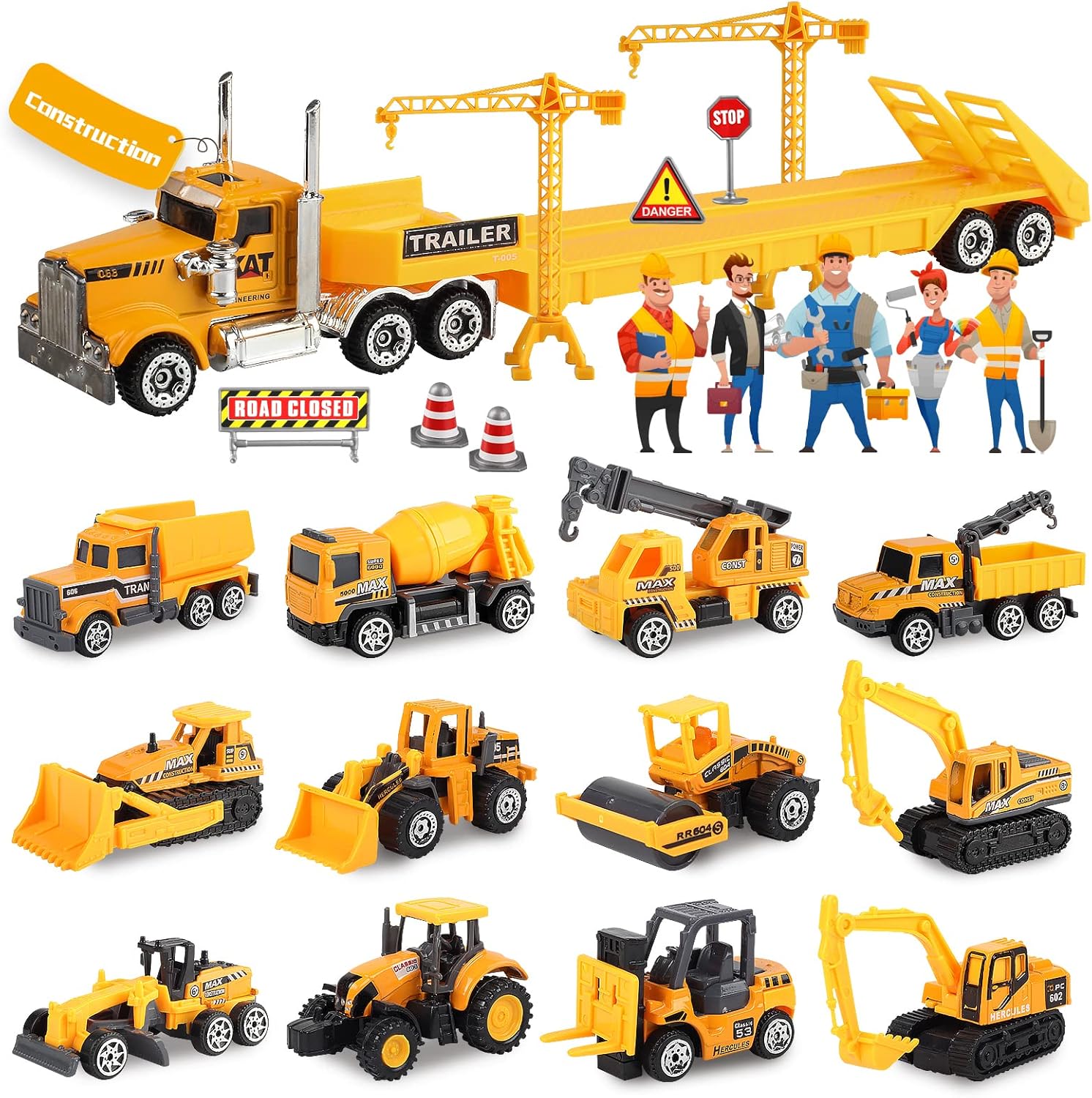Oriate Construction Vehicles Toys for Kids, Diecast Engineering Car Toys Set w/Flatbed Trailer, Excavator, Bulldozer, Forklift, Digger, Birthday Gift for 3 4 5 6 Year Old Boys Children Toddlers