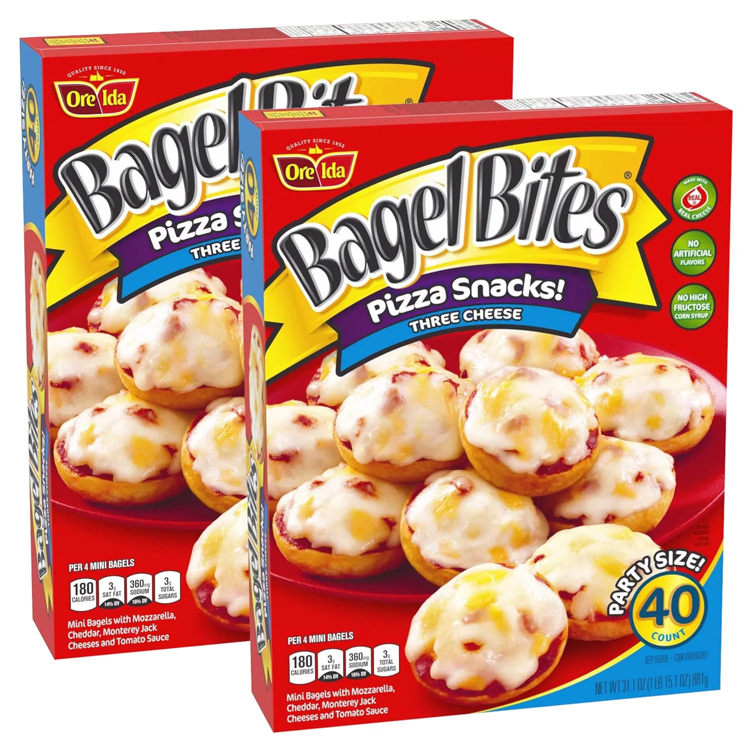 Bagel Bites Frozen Bites Three Cheese Party Size Pizza Snacks - Mozzarella, Cheddar & Monterey Jack cheese and Ready Set Gourmet Donate A Meal Program - 2 Pack (31.1oz/40ct), Total 80 Pizza Bites